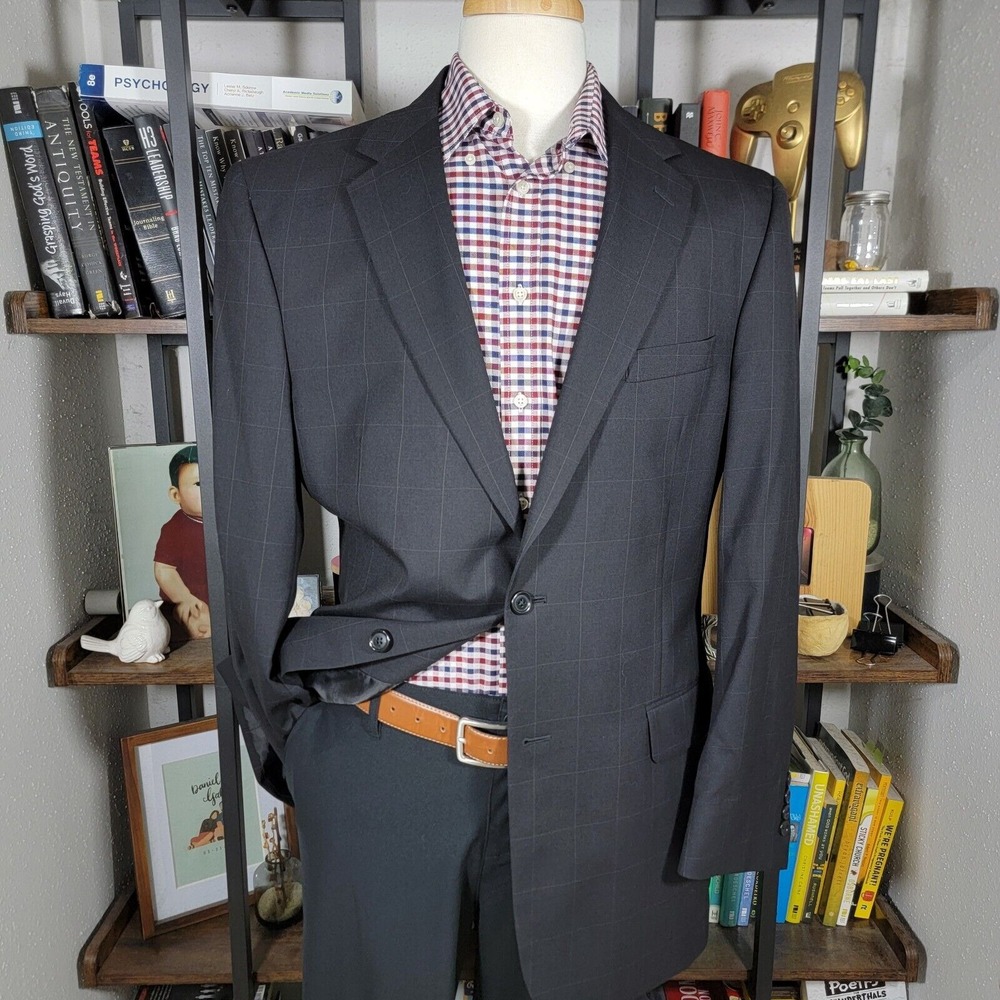 JOS A‎ BANK GORDON Men's Sport Coat Two Button Black Windowpane Wool Size 42L